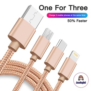 3 In 1 สายชาร์จ Usb สายไนล่อนถักสําหรับ Iphone Android Samsung