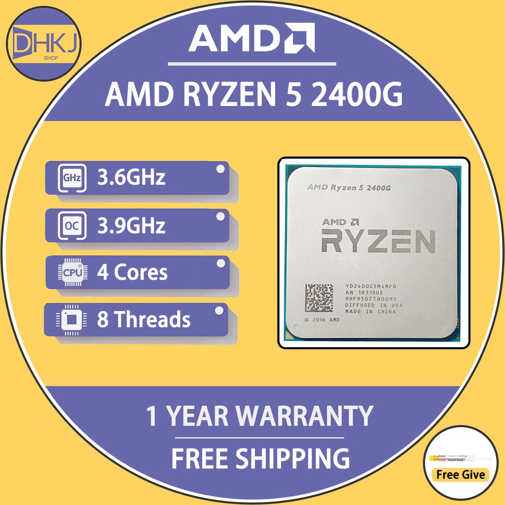 Processeur AMD Ryzen 5 2400G Socket AM4 - 3,6-3,9 GHz 4 Cœurs Avec Pâte Thermique