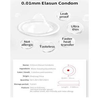 ภาพขนาดย่อของภาพหน้าปกสินค้าELASUN 001 Condom 55mm Polyurethane ถุงยางอนามัยบางพิเศษ 0.01ถุงยางอนามัย ขนาด 54-56 ใส่ได้ (1กล่อง/5ชิ้น) จากร้าน l2b26dett บน Shopee