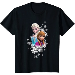 เสื้อยืดผ้าฝ้ายพรีเมี่ยม เสื้อยืด พิมพ์ลาย Disney Frozen Anna และ Elsa Snowflakes