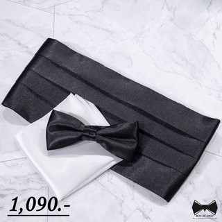 สินค้า เซ็ทโบว์ไทดำผ้าSilk Satin+ ผ้าเช็ดหน้าสูท+ผ้าคาดเอวทักซิโด้-Black Silk Satin Bowtie+ Pocket square +Cummerbund