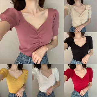 (พร้อมส่ง/ใหม่) Best clothes เสื้อไหมพรมคอหัวใจ ทรงรัดรูปแฟชั่นเกาหลี รุ่น#005