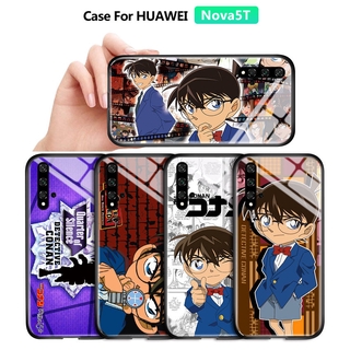 สําหรับ Huawei Nova 5T Nova 5 Pro Nova 4 Nova 3 Nova 3e Nova 2 2S เคสโทรศัพท์มือถือกระจกนิรภัย กันกระแทก ปิดด้านหลัง ลายการ์ตูนโคนัน