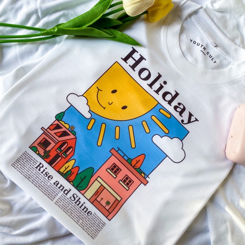 พร้อมส่ง-holiday-ถูกและดี-เสื้อยืด-เสื้อสีขาว-เสื้อยืดโอเวอร์ไซส์-เสื้อสไลต์เกาหลีเสื้อยืด