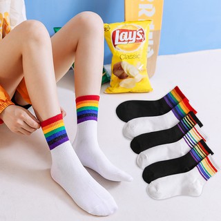 ภาพหน้าปกสินค้าCasual Rainbow Striped Crew Socks Cotton Women Black White Mid Calf Girls Korean Style Autumn Sweet Colorful Tube Socks Fashion ที่เกี่ยวข้อง
