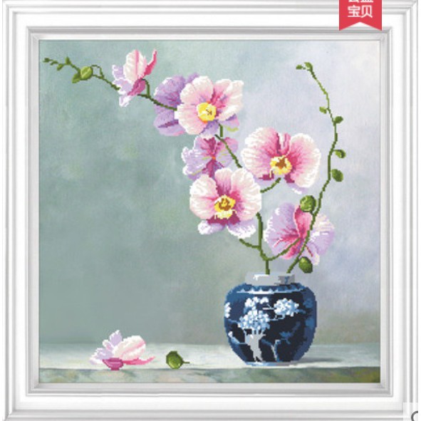 ชุดปักครอสติชพิมพ์ลาย-แจกันกล้วยไม้-ดอกไม้-orchid-vase-cross-stitch-kit