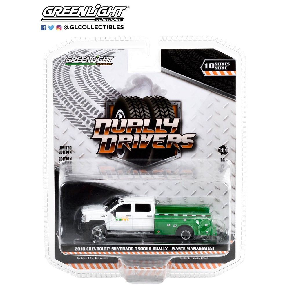 Greenlight 1:64 Scale 2018 Chevy Silverado 3500 Dually Service Bed Diecast - Waste Management Edition (Dually Drivers Series)