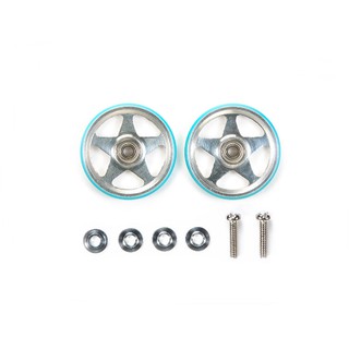 สินค้า Tamiya 95397 19 mm Aluminum Rollers (5 Spokes) w/Plastic Rings (Light Blue)