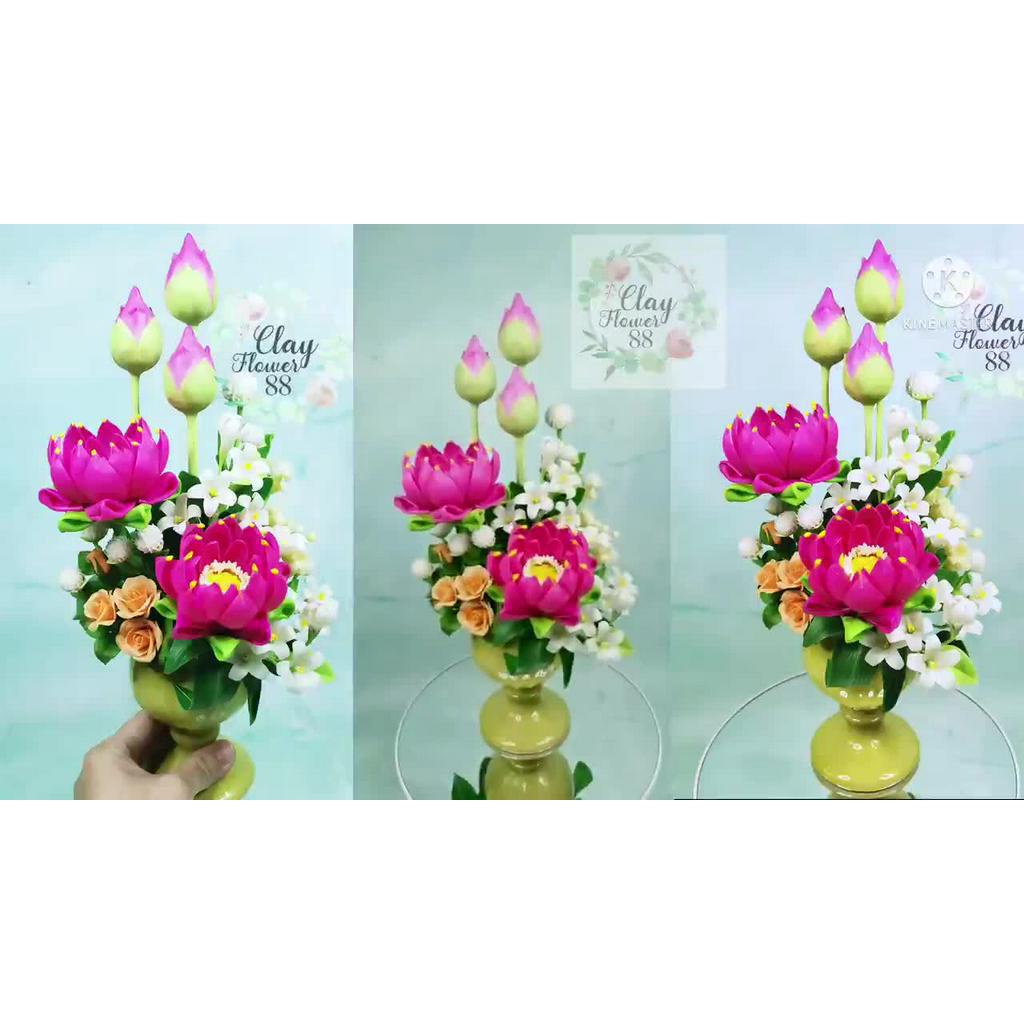 ชุดคู่-แจกัน-ดอกบัวประดิษฐ์-ดอกไม้ไหว้พระ-สูง-12-นิ้ว-ดอกบัวปลอม-ดอกบัวไหว้พระ-ดอกไม้ดินปั้น-จาก-ดินไทย