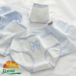 สินค้า 👑Gemi Gemi Gemi👑 #P-040 กางเกงในสีขาวและสีฟ้าอ่อน ลายตาราง ลายจุด ลายทางและลายโบว์ สวมใส่สําหรับผู้หญิง ผ้านิ่ม คุ้มค่า