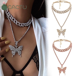 Cactu สร้อยคอโชคเกอร์ จี้ผีเสื้อ ประดับเพทาย คริสตัล สไตล์ฮิปฮอป สีเงิน ชมพู ทอง แฟชั่นสําหรับผู้หญิง