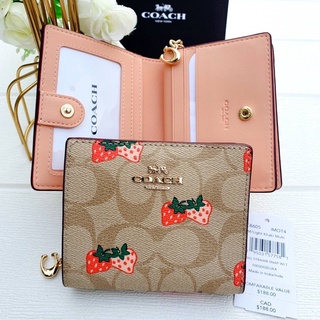 🎀 (สด-ผ่อน) กระเป๋าสตางค์ ลายสตอเบอรี่ COACH CB605 Snap Wallet In Signature Canvas With Strawberry Print