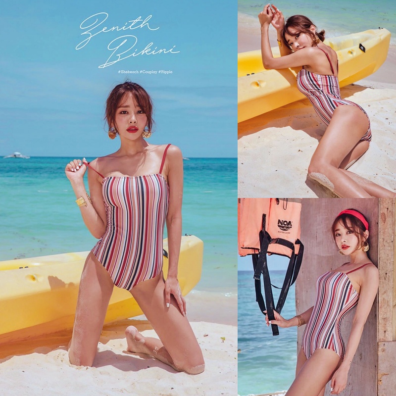 bikinifc-m-xl-sb181-ชุดว่ายน้ำวันพีซสายเดี่ยว-ลายทางคลาสสิค-สีเอิร์ทโทน-มีฟองน้ำเสริม-มีซับในทั้งชุด