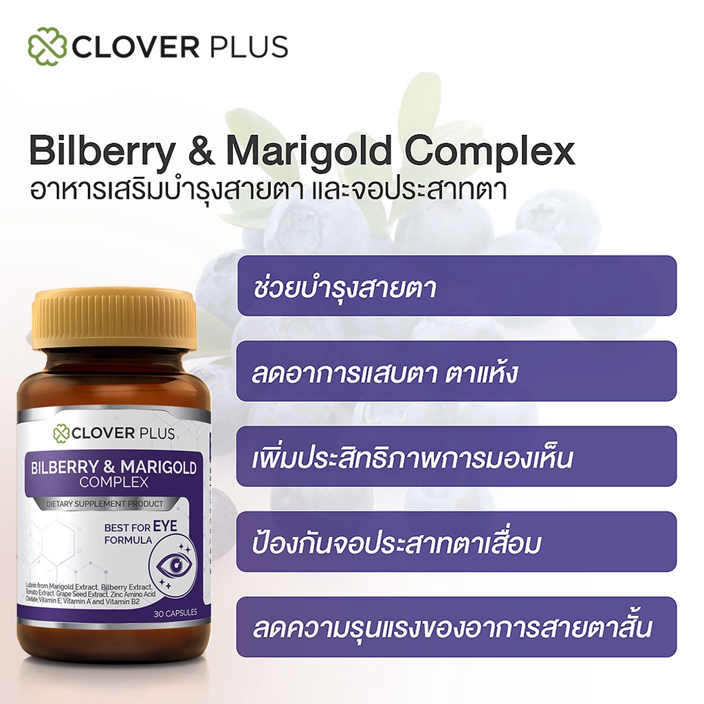 ภาพสินค้าClover Plus Billberry อาหารเสริม สารสกัด จาก บิลเบอร์รี ดอกดาวเรืองซิงค์ วิตามินอี วิตามินเอ วิตามินบี2 1 ขวด 30 แคปซูล จากร้าน daryvit บน Shopee ภาพที่ 5