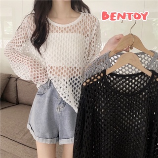 Bentoy(9801)เสื้อถักผ้าทอโอเว่อร์ไซด์ คอกลม แขนยาว เซ็กซี่ chic