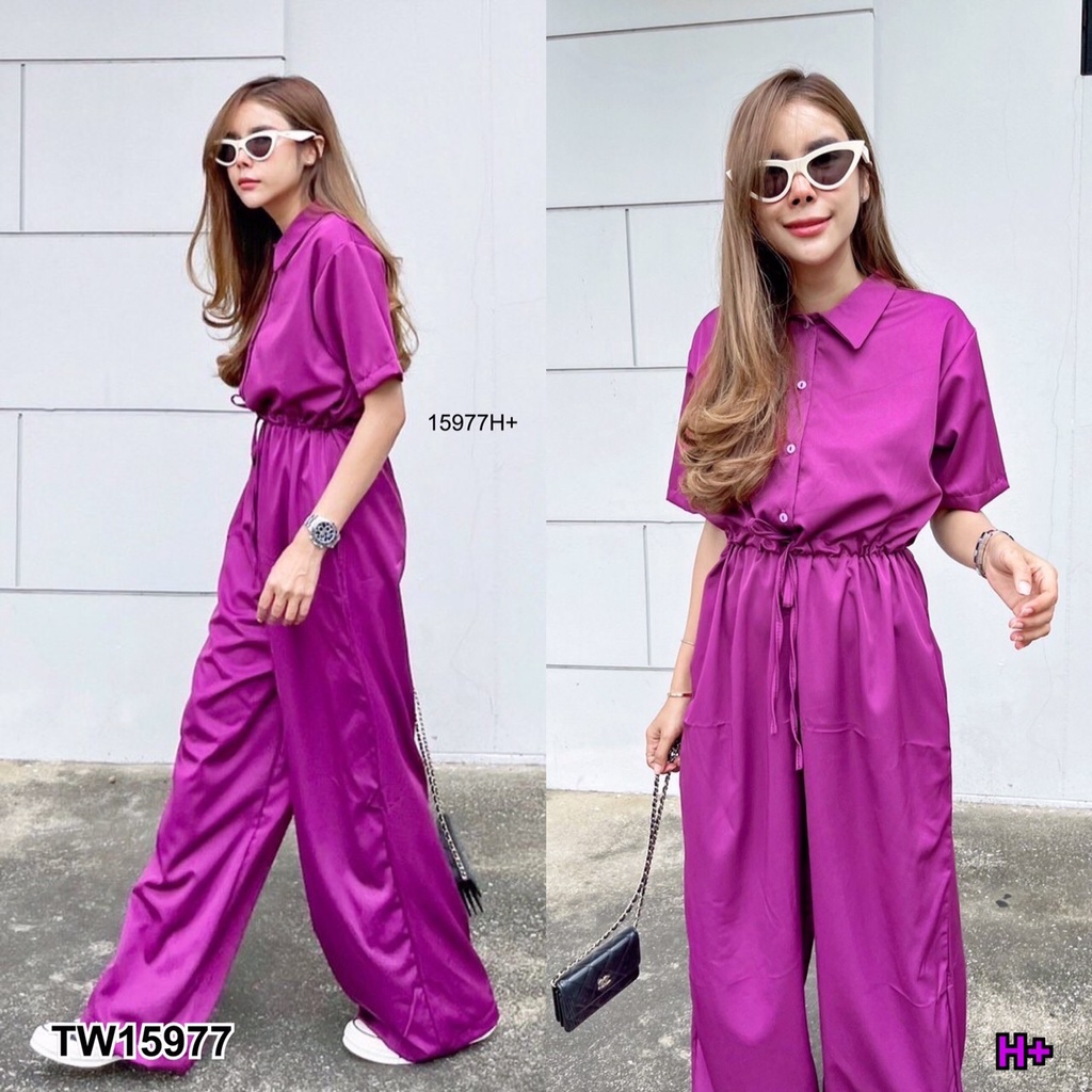 tw15977-jumpsuit-slippery-จั้มสูทขายาว-คอปก-แต่งกระดุมหน้า-ช่วงเอวใส่เชือกรูดเอว-รูดได้จริง-มีกระเป๋าล้วงข้าง