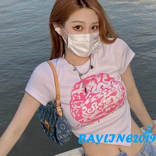 Bay- เสื้อยืดครอป คอกลม แขนสั้น พิมพ์ลายกราฟฟิค สไตล์วินเทจ สําหรับผู้หญิง ผู้ใหญ่