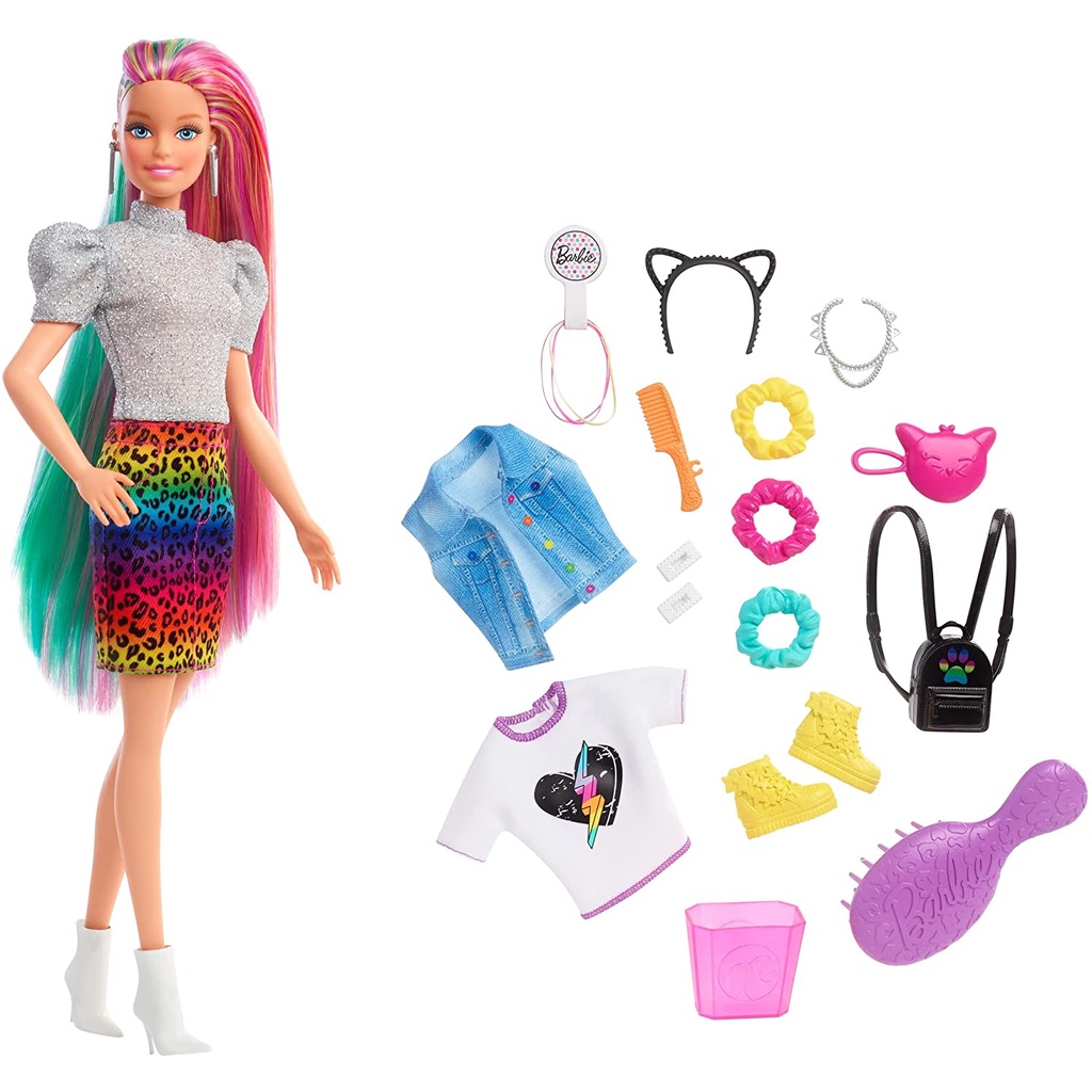 barbie-doll-leopard-rainbow-hair-brunette-with-color-change-highlights-amp-16-styling-accessories-including-clothes-scrunchies-brush-amp-more-hcv99ไฮไลท์ผมตุ๊กตาบาร์บี้-ลายเสือดาว-สีรุ้ง-เปลี่ยนสีได้-