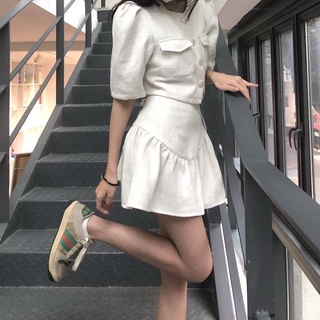 🔥Hot Sale / ทูพีซหญิงฤดูร้อนเพียวไวท์แฟรี่เกาหลีอารมณ์ขนาดเล็กแขนพัฟที่สวยงามด้านบนสั้นชุดกระโปรงอ้วน