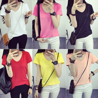 รุ่นขายดี ฮิตตลอดกาลเสื้อยืดคอวี สีสวยขับผิว หุ่นดีสไตล์เกาหลีcotton ผสม Spandex