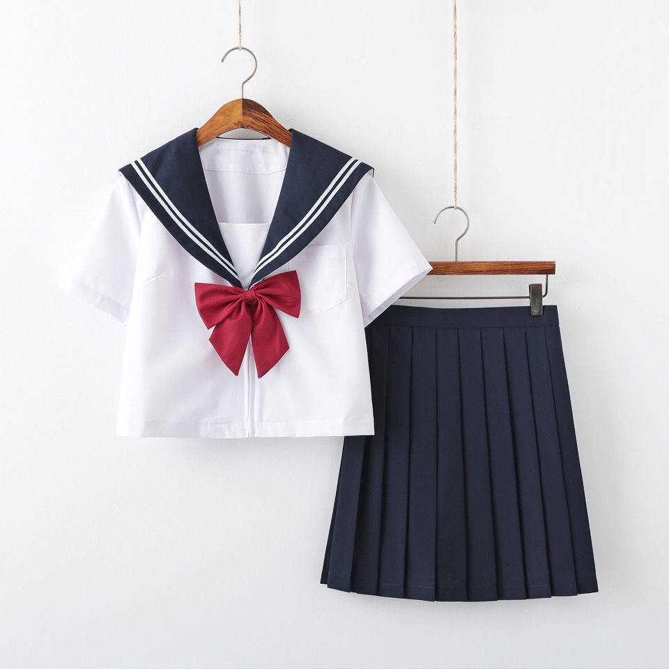 ชุดนักเรียนญี่ปุ่น-เสื้อผ้าเซเลอร์ญี่ปุ่นหญิง-jk-เครื่องแบบนักเรียนสีขาวสามสีขาวสองชั้นความยาวความยาวแขนสั้นกระโปรงวิทย