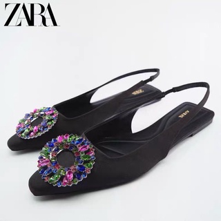 Zara รองเท้าแตะ ส้นแบน หัวแหลม ประดับพลอยเทียม สีดํา เข้ากับทุกการแต่งกาย แฟชั่นฤดูร้อน สําหรับผู้หญิง 2022