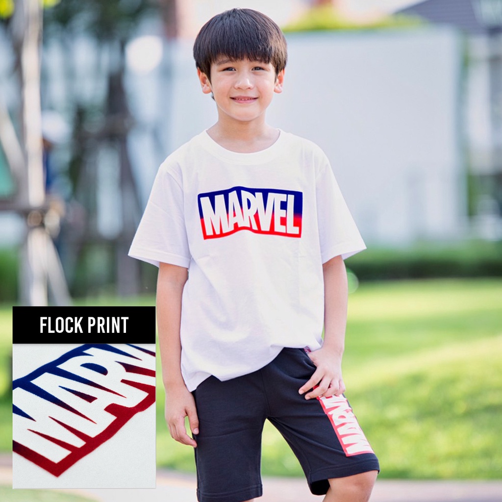 marvel-boy-logo-t-shirt-flock-print-เสื้อมาร์เวลเด็กผู้ชายพิมพ์กำมะหยี่-สินค้าลิขสิทธ์แท้100-characters-studio