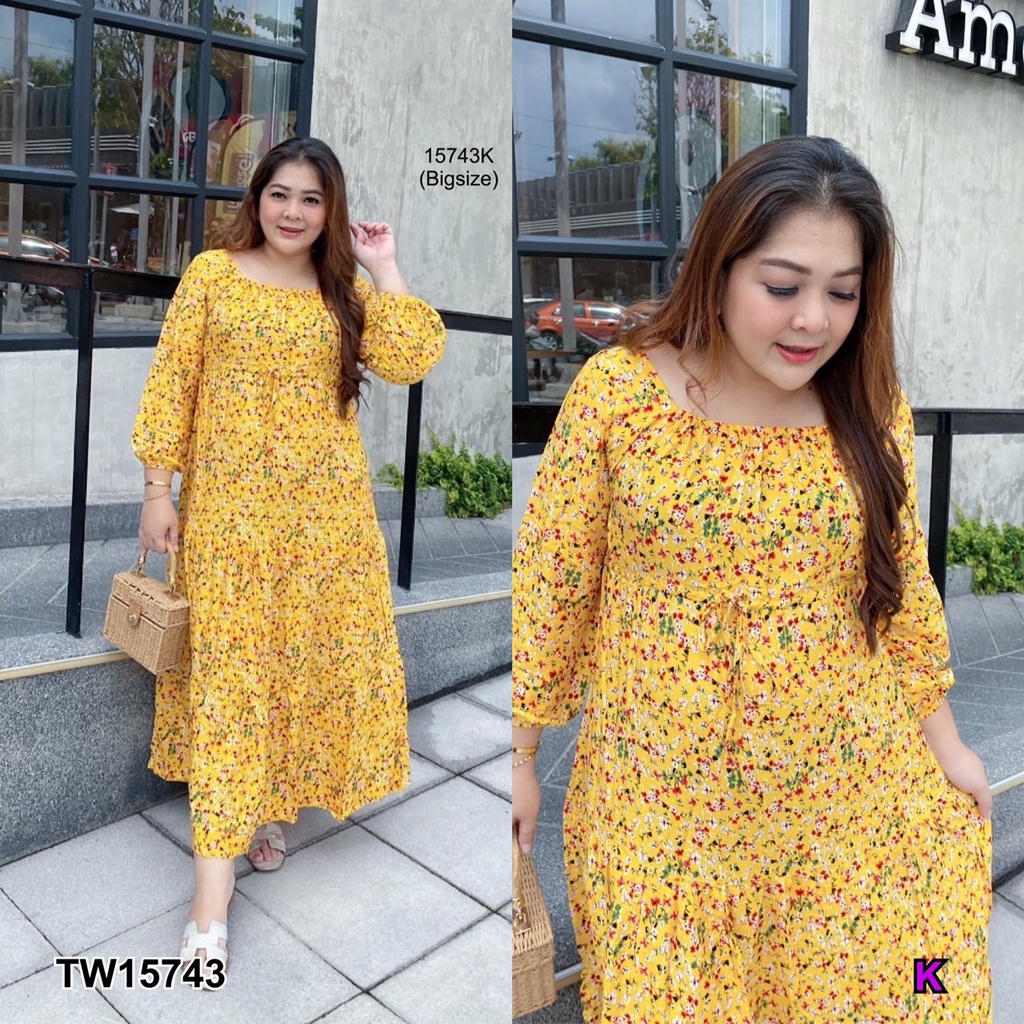 tw15743-dress-bigsize-แขนระบาย-เดรสทรงปล่อยพรางสะโพก-มีเชือกรูดเอว-ผูกปรับได้-ผ้าสปันเนื้อดีทิ้งตัวสวย-นิ่มเบาใส่สบาย