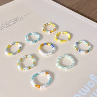 แหวนลูกปัด🏖 โทนสีอ่อน น่ารัก เอ็นยืด mix&amp;match ได้ Cute Colorful Bead Elastic Ring Light Color