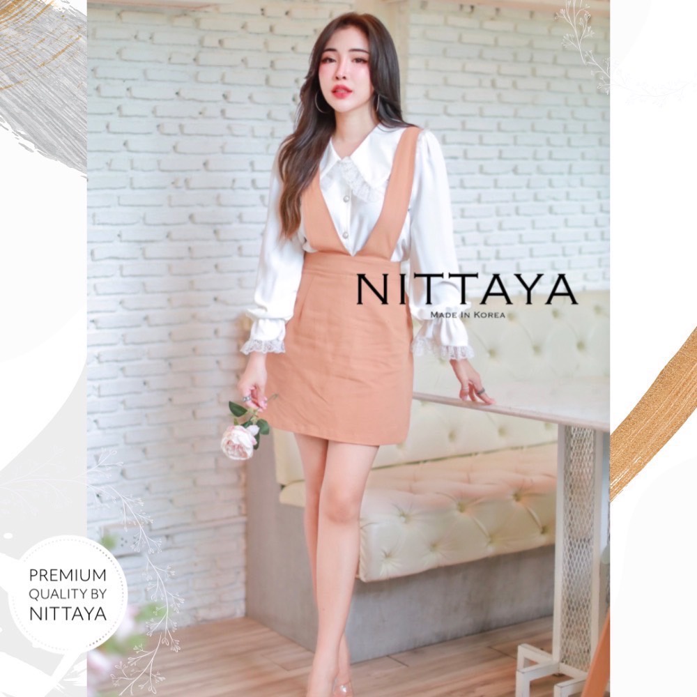 nittaya-set-เสื้อสีขาวแขนยาวคอระบาย-เอี๊ยมกระโปรง-เอาใจคนไซส์เล็กด้วยการทำไซส์เล็กพิเศษ-xs-เพิ่มอีกหนึ่งไซส์จ้า