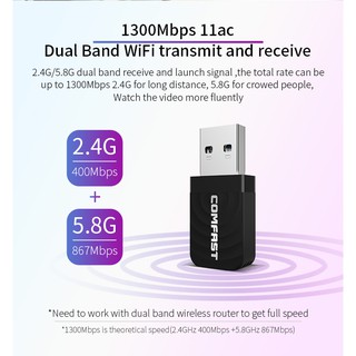 ภาพย่อรูปภาพสินค้าแรกของcomfastการ์ดเครือข่ายไร้สาย 2.4G / 5GHz 1300Mbps USB 3.0 Wireless WiFi Adapter CF-812AC