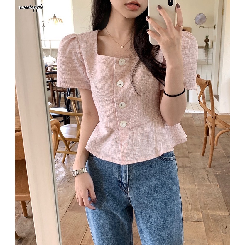 เสื้อเชิ้ตแขนสั้น คอสี่เหลี่ยม สีชมพู แฟชั่นฤดูร้อน สไตล์ฝรั่งเศส ...