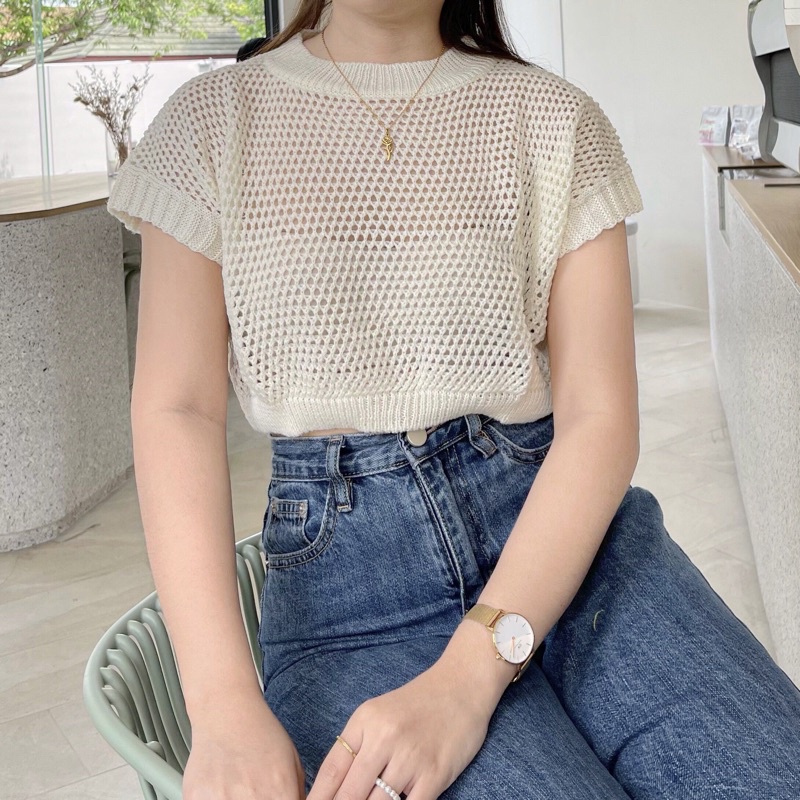 พร้อมส่ง Waffle knit top เสื้อครอปไหมพรม เสื้อครอปไหมพรมตาข่าย เสื้อไหม ...
