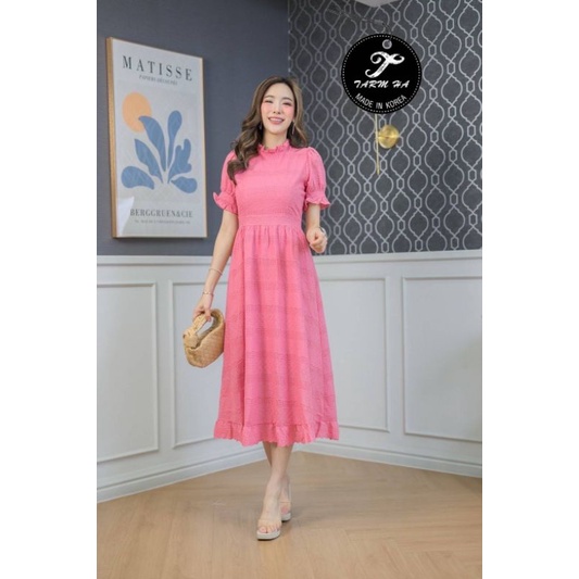 เดรสออกงานสีหวาน-s-3xl-maxi-dress-เดรสสีชมพูผ้าฉลุลายแขนพอง-งานป้าย-tarm-ha