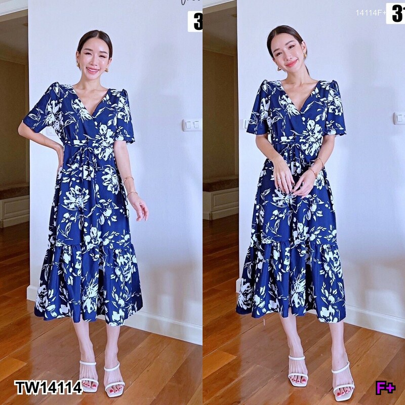 b14114-แม็กซีเดรส-ลายดอก-มีสายผูกเอว-กระโปรงแต่งระบาย-floral-print-maxi-dress-with-waistband-ruffle-skirt