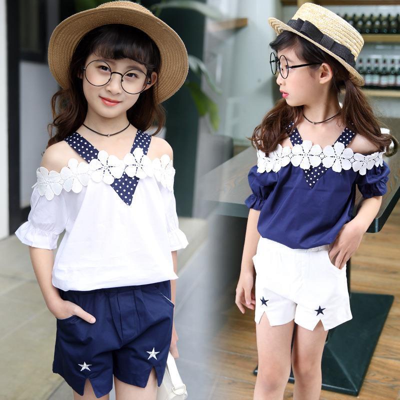 suit-ชุดเด็กผู้หญิง-เสื้อผ้าเด็ก-2021-สินค้าใหม่-เด็กโตเวอร์ชั่นเกาหลีของคอวีที่ไม่มีสายหนังลายจุดกางเกงขาสั้นเด็