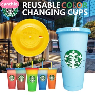 --Ins Style-- Starbucks แก้วน้ําพลาสติกเปลี่ยนสีได้พร้อมฝาปิด