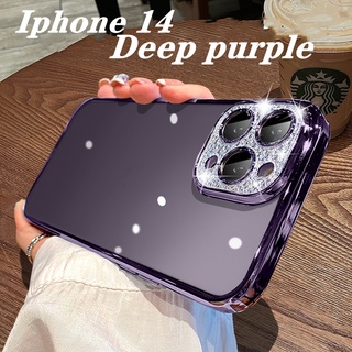 เคสโทรศัพท์มือถือ แบบใส ปิดด้านหลัง ประดับกลิตเตอร์ สีม่วงเข้ม พร้อมฟิล์มกล้อง และเพชร สําหรับ iPhone 12 13 14 Pro MAX Plus