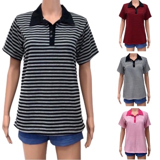 เสื้อโปโลผู้หญิงแขนสั้น 4 สี รอบอกเสื้อ 34-38 นิ้ว ผ้าคอตตอนลายริ้วทอ Striped Polo Shirt for Women