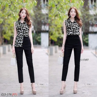 👚👖5-174-GRAY เสื้อแขนกุดคอปกผ่าอกติดกระดุมหน้าผ้าหางกระรอกพิมพ์ลายเสือ แมทซ์กับกางเกงขายาวผ้าฮานาเล่ยืด เอวสม็อคหลัง