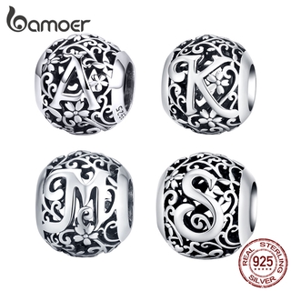 bamoer Genuine 925 Sterling Silver Alphabet Letters K Round Metal Beads for Women Jewelry Making Retro Design Bijoux SCC1444