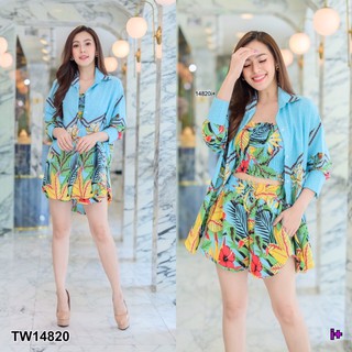 TW14820 Set 3 ชิ้น เสื้อเชิ้ตคลุมแขนยาว + เสื้อเกาะอก สม็อกยางยืด + กางเกงขาสั้น ทรงเอวสูง เนื้อผ้าไหมเกาหลี ลายใบไม้