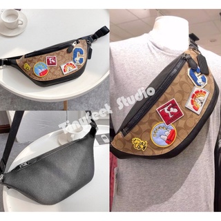 COACH C4028 Peanuts Warren กระเป๋าเข็มขัดลายเซ็นผ้าใบ Varsity Patches ผู้หญิงผู้ชายเอวกระเป๋า Beg