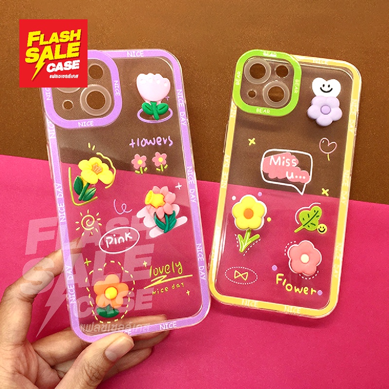 i6-7-11-12-12pro-max-13-13pro-max-เคสมือถือนิ่มใสกันกล้อง-ซิลิโคน-tpu-ติดดอกไม้นูน