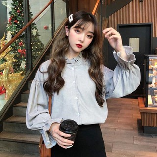 หลวมเสื้อสีทึบหญิงหูไม้สดหวานเสื้อแขนยาว