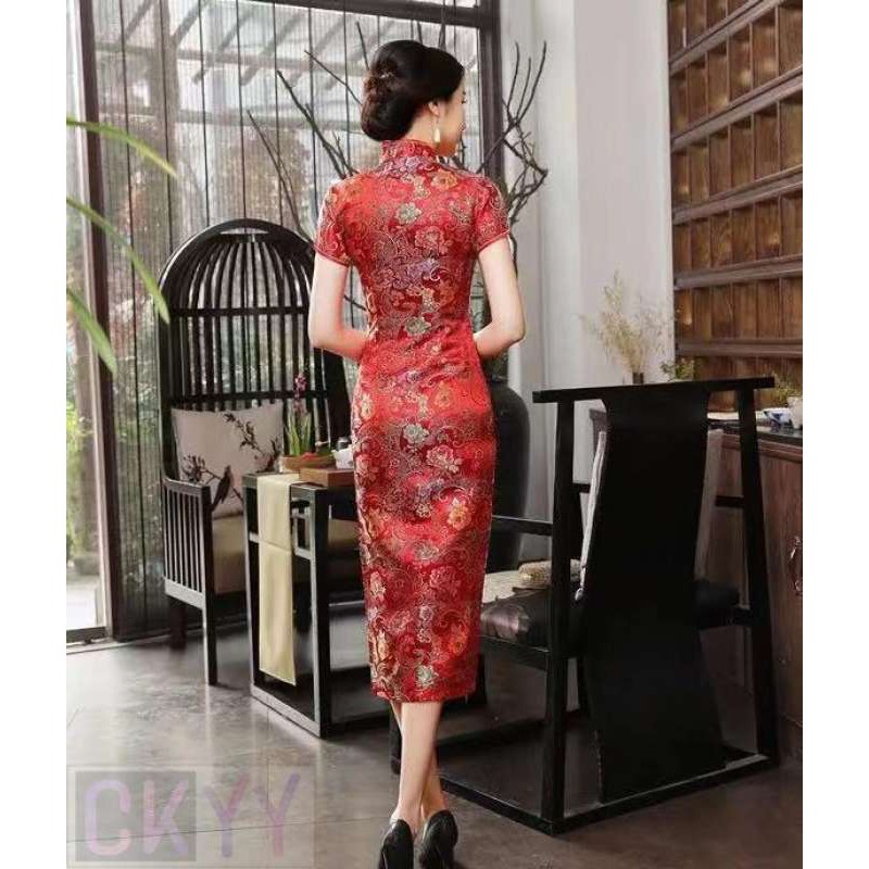 ชุดจีน-ชุด-cheongsam-คลิปด้านข้างสีแดงชุดจีน-กระโปรงยาว