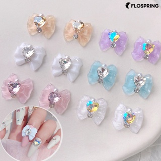 Flospring จี้รูปหัวใจ ประดับโบว์ พลอยเทียม แวววาว สําหรับตกแต่งเล็บ DIY 10 ชิ้น