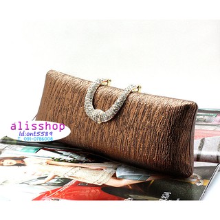 พร้อมส่ง Evening Clutch กระเป๋าออกงาน สีน้ำตาลทอง แบบเรียบหรู คาดคริสตัลฝาปิด พร้อมโซ่สะพาย