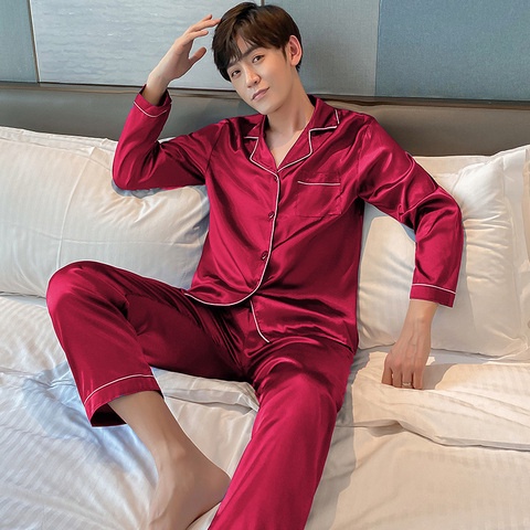 ภาพสินค้าM-4XLราคา ชุดนอนผู้ชายสไตล์เกาหลีสไตล์ ชุดนอนผ้าซาตินเสื้อคาร์ดิแกนกางเกง+เสื้อ จากร้าน dv7_tbqj0x บน Shopee ภาพที่ 7