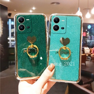 Ready Stock VIVO Y16 V25 V25e V25 Pro 5G Y35 2022 Y22 Y22s เคส Casing Electroplating Glitter Heart Shaped Shiny Finger Phone Case with Ring Bracket Back Cover เคสโทรศัพท